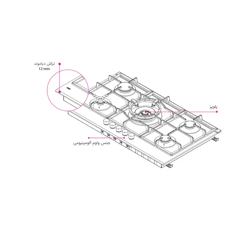 اجاق گاز پنج شعله شیشه ای کن مدل لیناک B