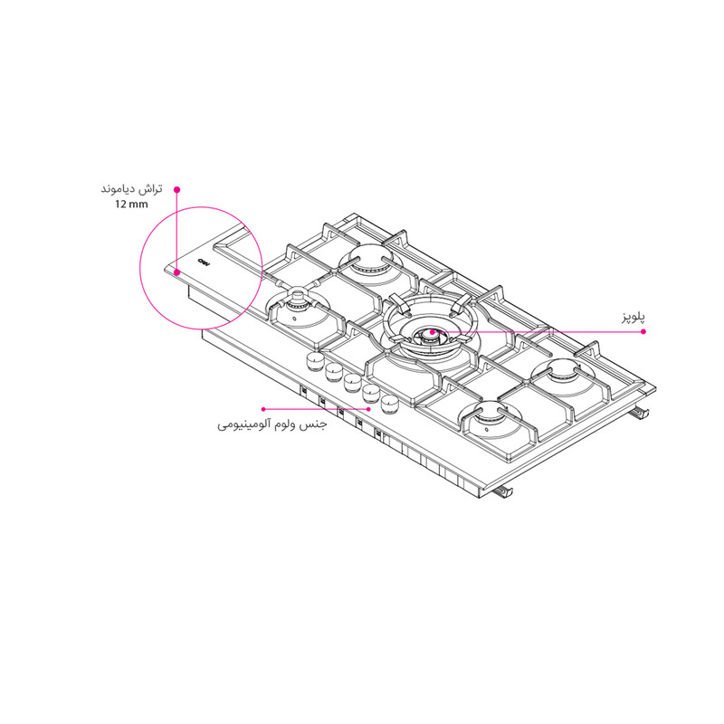 اجاق گاز پنج شعله شیشه ای کن مدل لیناک B