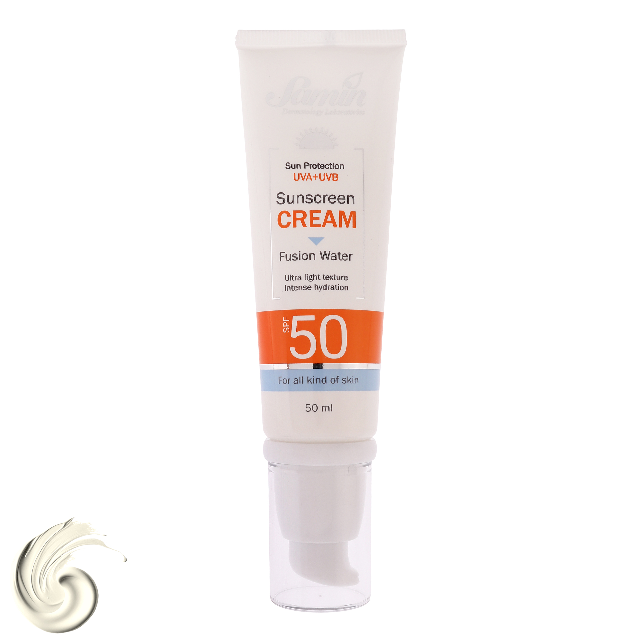 کرم ضد آفتاب بی‌رنگ دست و صورت ثمین SPF 50 مدل Fusion Water ‌محافظ UVA ، UVB مناسب برای انواع پوست حجم 50 میلی لیتر