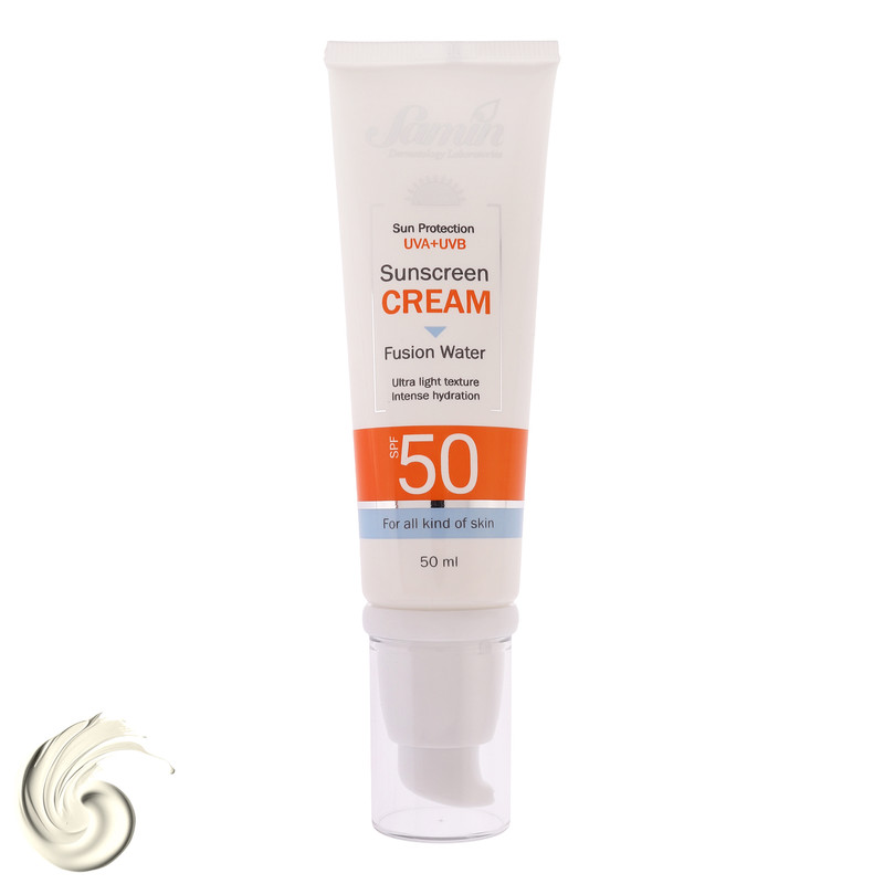 کرم ضد آفتاب بی رنگ دست و صورت ثمین SPF 50 مدل Fusion Water محافظ UVA ، UVB مناسب برای انواع پوست حجم 50 میلی لیتر