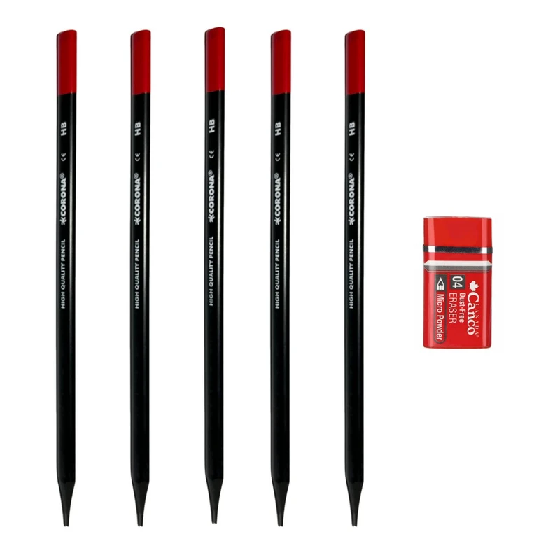 مداد مشکی کرونا درجه سختی HB مدل زغالی به همراه پاک کن مجموعه 6 عددی