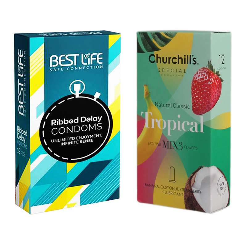 کاندوم چرچیلز مدل Tropical بسته 12 عددی به همراه کاندوم بست لایف مدل Ribbed Delay بسته 12 عددی کاندوم چرچیلز مدل Tropical بسته 12 عددی به همراه کاندوم بست لایف مدل Ribbed Delay بسته 12 عددی