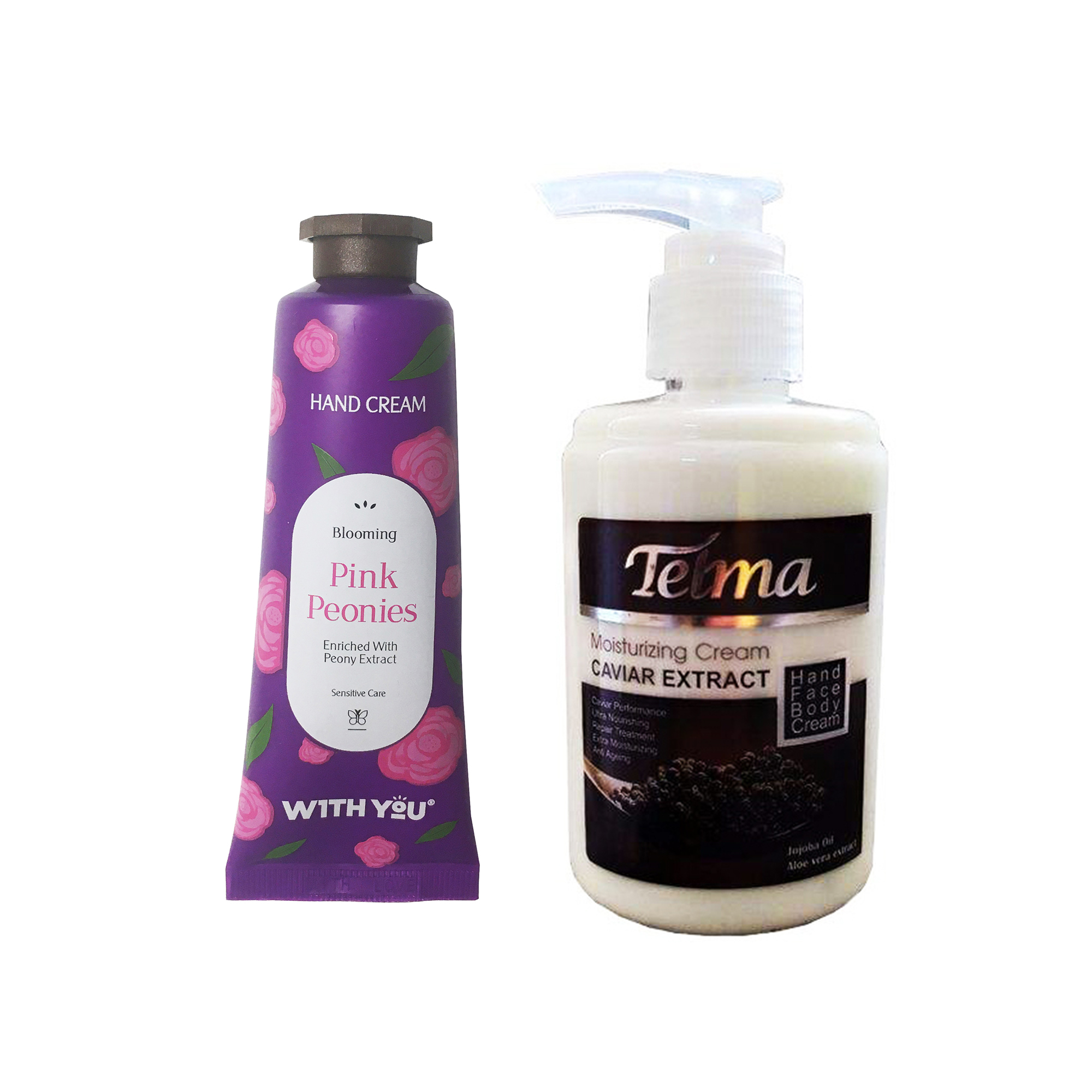 کرم آبرسان و مرطوب کننده تلما مدل خاویار حجم 200 میلی لیتر به همراه کرم مرطوب کننده ویت یو مدل Pink Peonies حجم 50 میلی لیتر 