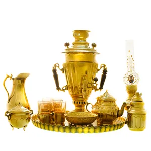 سرویس سماور ذغالی 14 پارچه برنجی مدل سوزنی ترک دار کد 4292