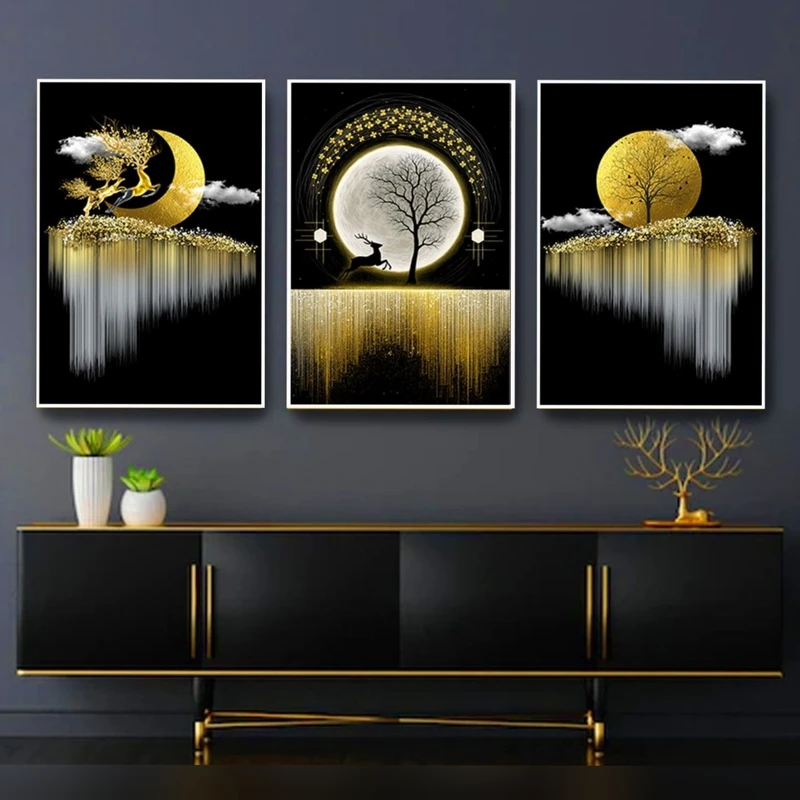 تابلو مدل دکوراتیو کد 6041 فریم طلایی مجموعه 3 عددی