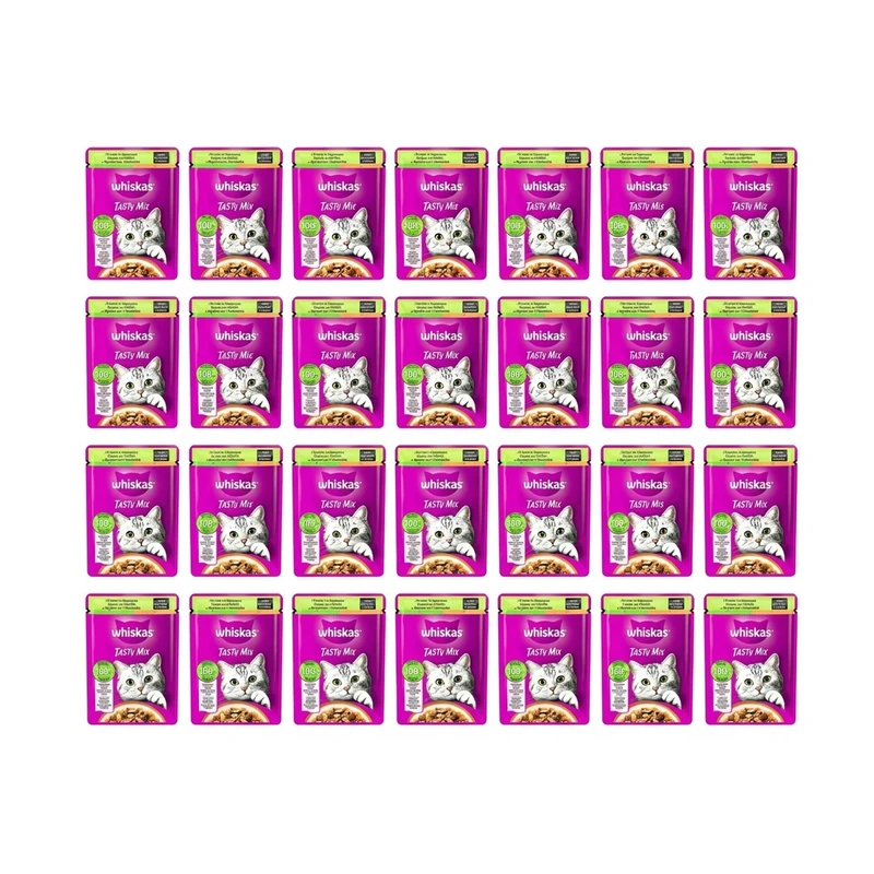 پوچ گربه بالغ ویسکاس مدل TASTY MIX با طعم بره و بوقلمون وزن 85 گرم بسته 28 عددی