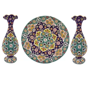 ست سه تکه گلدان و بشقاب میناکاری زمانیان کد zmn21056