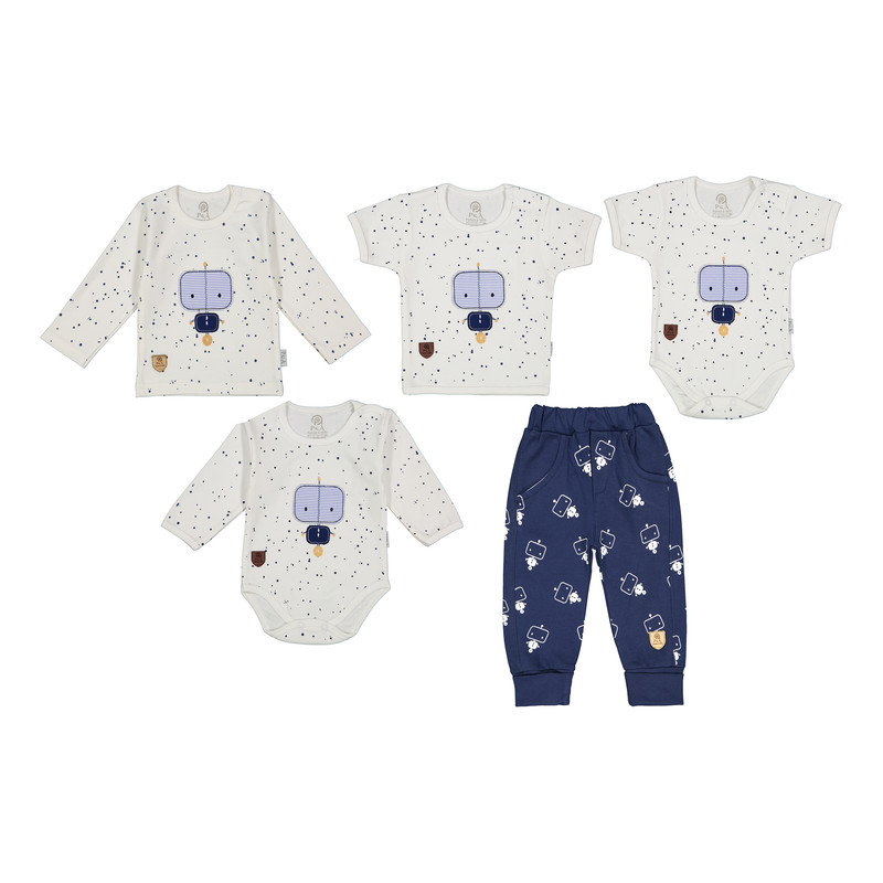 ست 5 تکه لباس راحتی نوزادی پی اند ای مدل ربات رنگ سفید