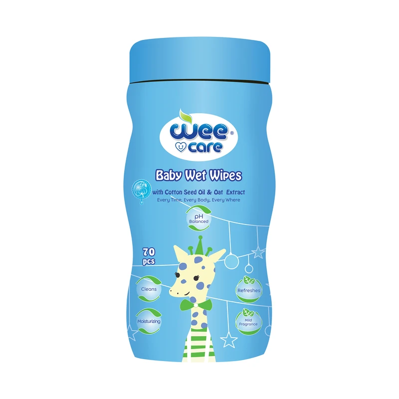 عکس شماره 2 : دستمال مرطوب کودک وی کر مدل عصاره جو و روغن پنبه دانه سیلندری بسته 70 عددی