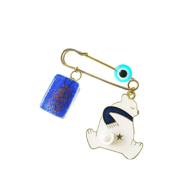 سنجاق سینه دخترانه مدل خرس قطبی و وان یکاد شیشه ای و مهره چشم نظر