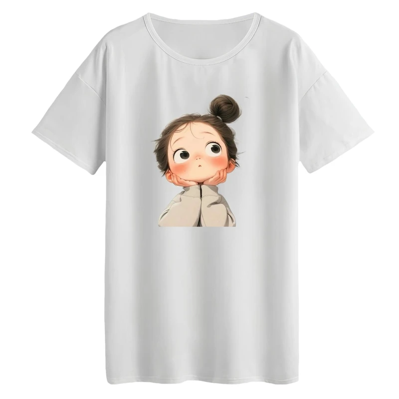 تی‌شرت لانگ آستین کوتاه زنانه مدل دختر متفکر رنگ سفید