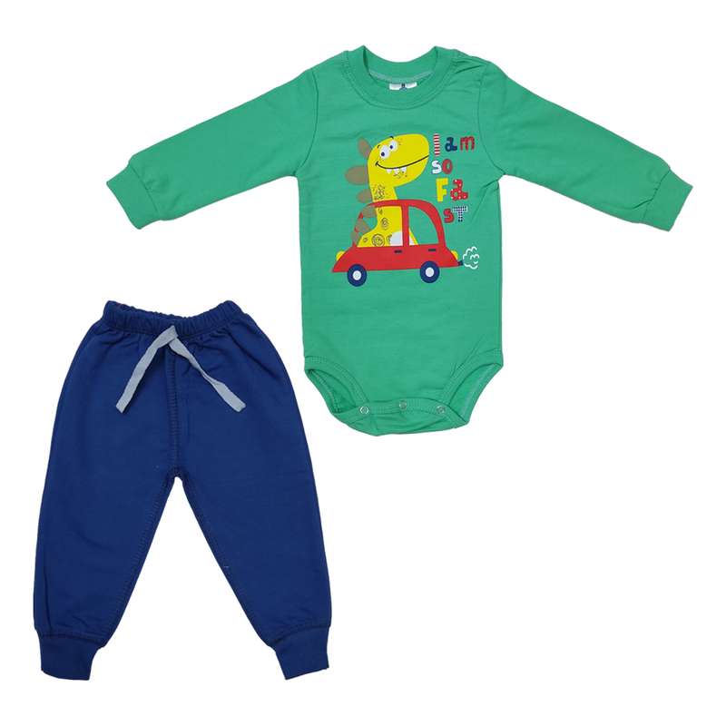 ست بادی آستین بلند و شلوار نوزادی طرح دایناسور و ماشین مدل 20404