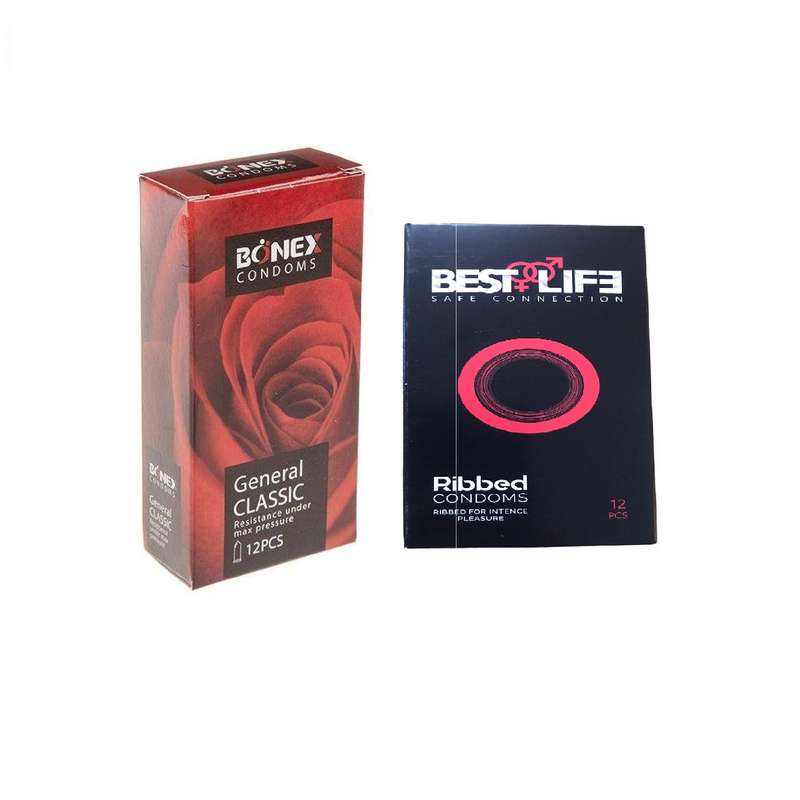 کاندوم بونکس مدل Pome Granate بسته 12 عددی به همراه کاندوم بست لایف مدل Ribbed بسته 12 عددی