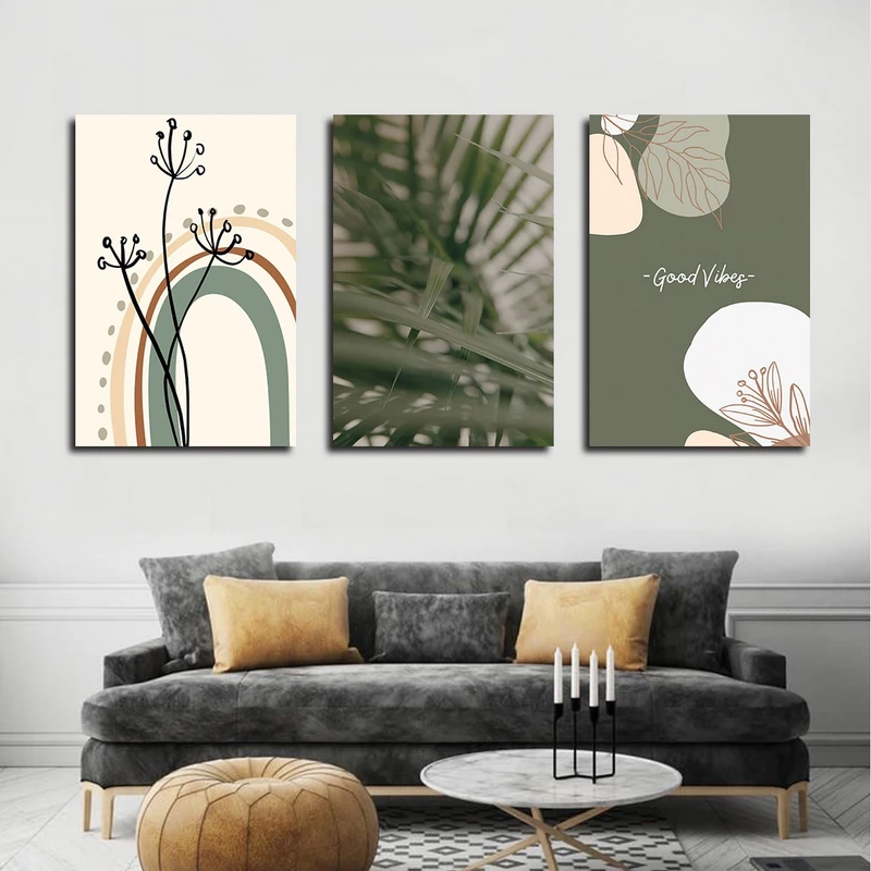 تابلو شاسی بکلیت طرح نقاشی مینیمال و برگ مدل SH-3174 مجموعه 3 عددی