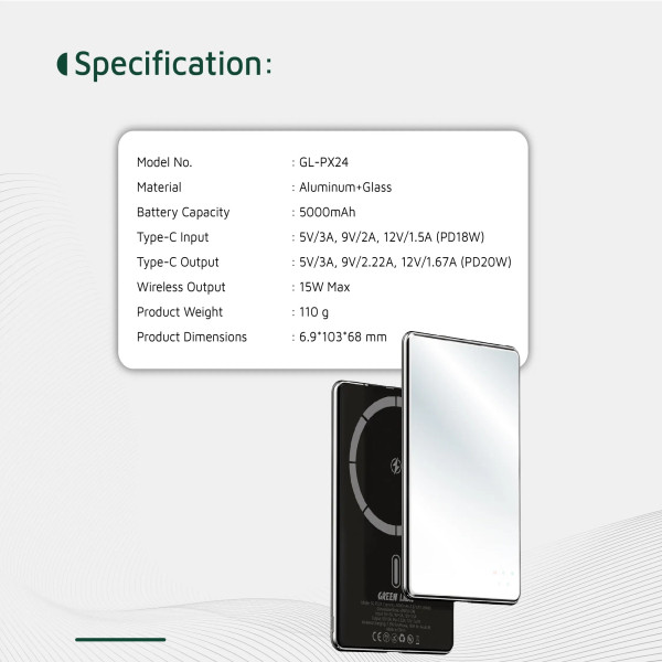 پاوربانک 15 وات گرین لاین مدل مگ سیف  Mirror Design با ظرفیت 10000 میلی آمپر ظرفیت