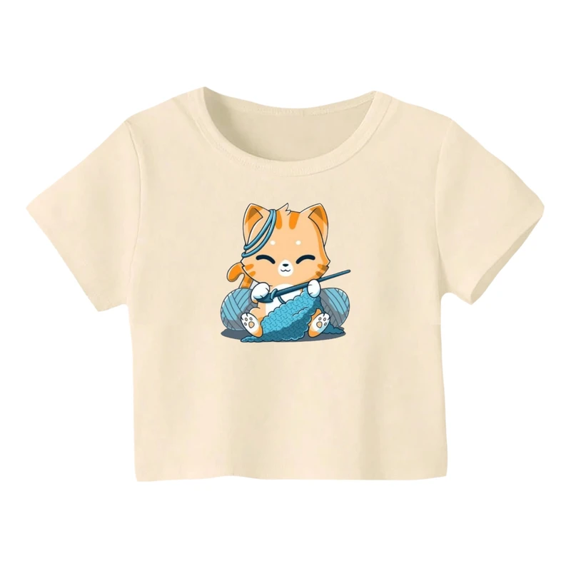 کراپ‌ تی‌شرت آستین کوتاه زنانه مدل گربه کد 23