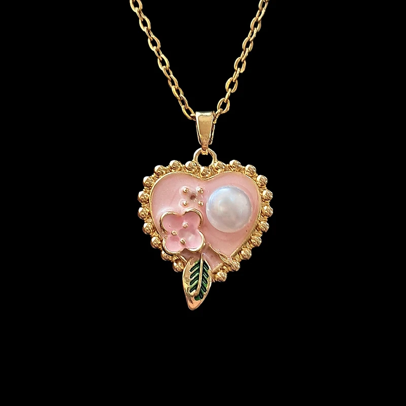 گردنبند زنانه مدل گل و مروارید ظریف میناکاری طرح قلب Art51