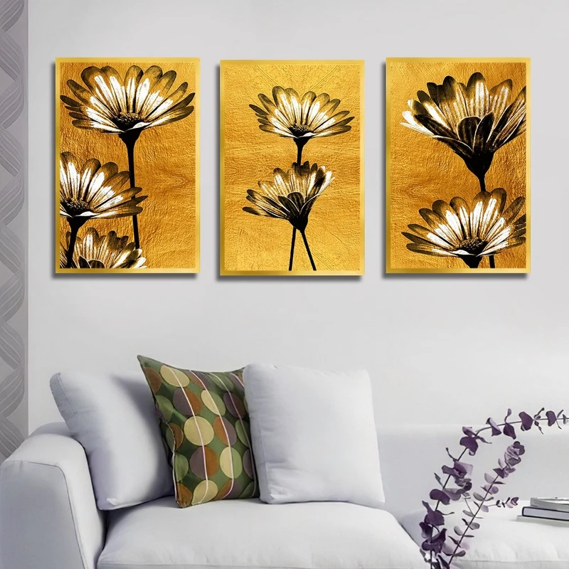 تابلو بکلیت طرح نقاشی گل طلایی مدل T-2465 مجموعه 3 عددی