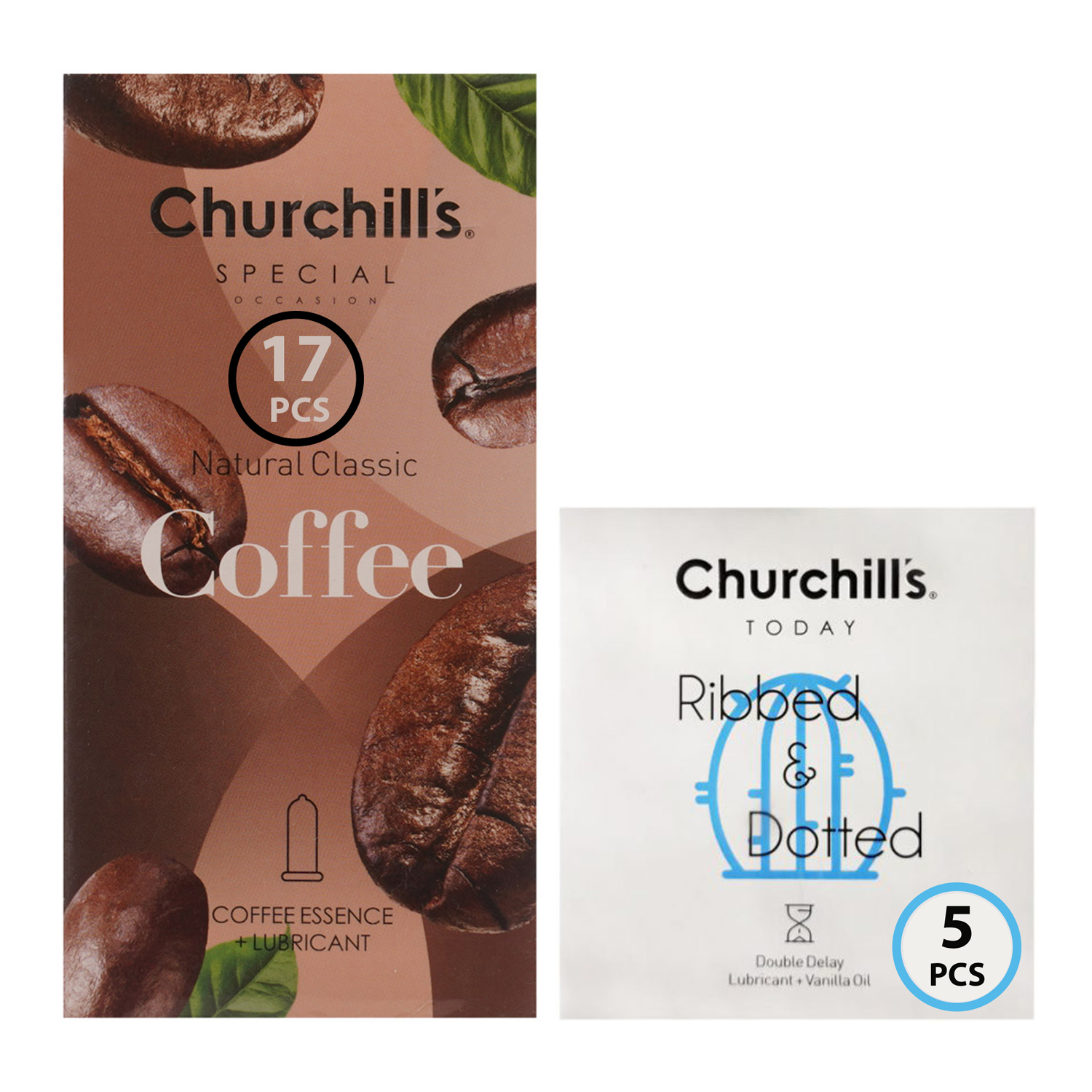 کاندوم چرچیلز مدل coffee بسته 17 عددی به همراه کاندوم چرچیلز مدل ribbeed بسته 5 عددی