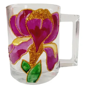 لیوان شیشه ای مدل دسته دار طرح زنبق کد777