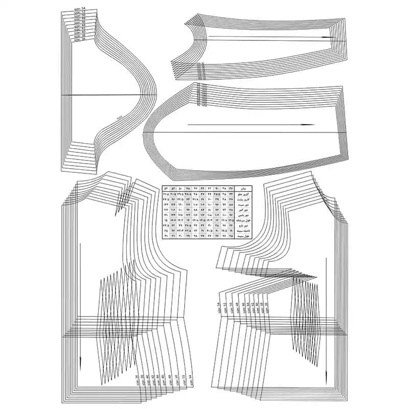 الگو خیاطی بالاتنه و آستین زنانه متد abm سایز 36 تا 54