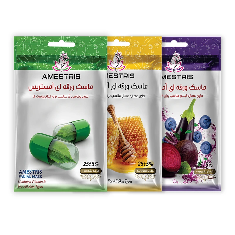 ماسک صورت آمستریس مدل میوه ای سری شاداب کننده و مرطوب کننده وزن 25 گرم بسته 3 عددی