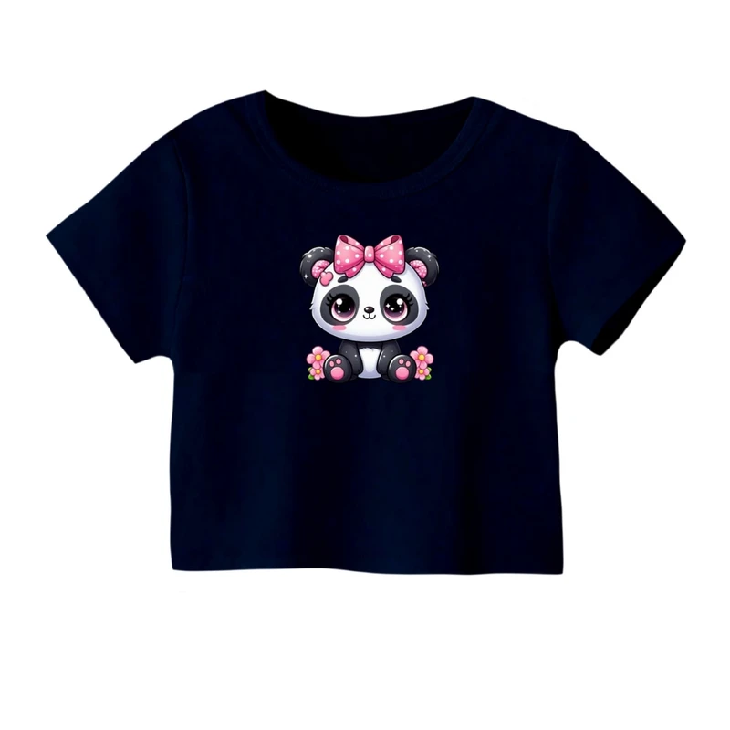 کراپ‌ تی‌شرت آستین کوتاه زنانه مدل پاندا  کد01 رنگ سرمه ای