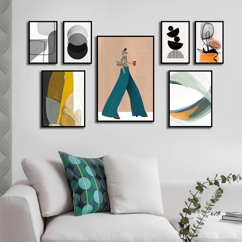 تابلو ساده بکلیت طرح مدرن نقاشی مینیمال مدل شاین اکلیلی B-2669 فریم مشکی مجموعه 7 عددی