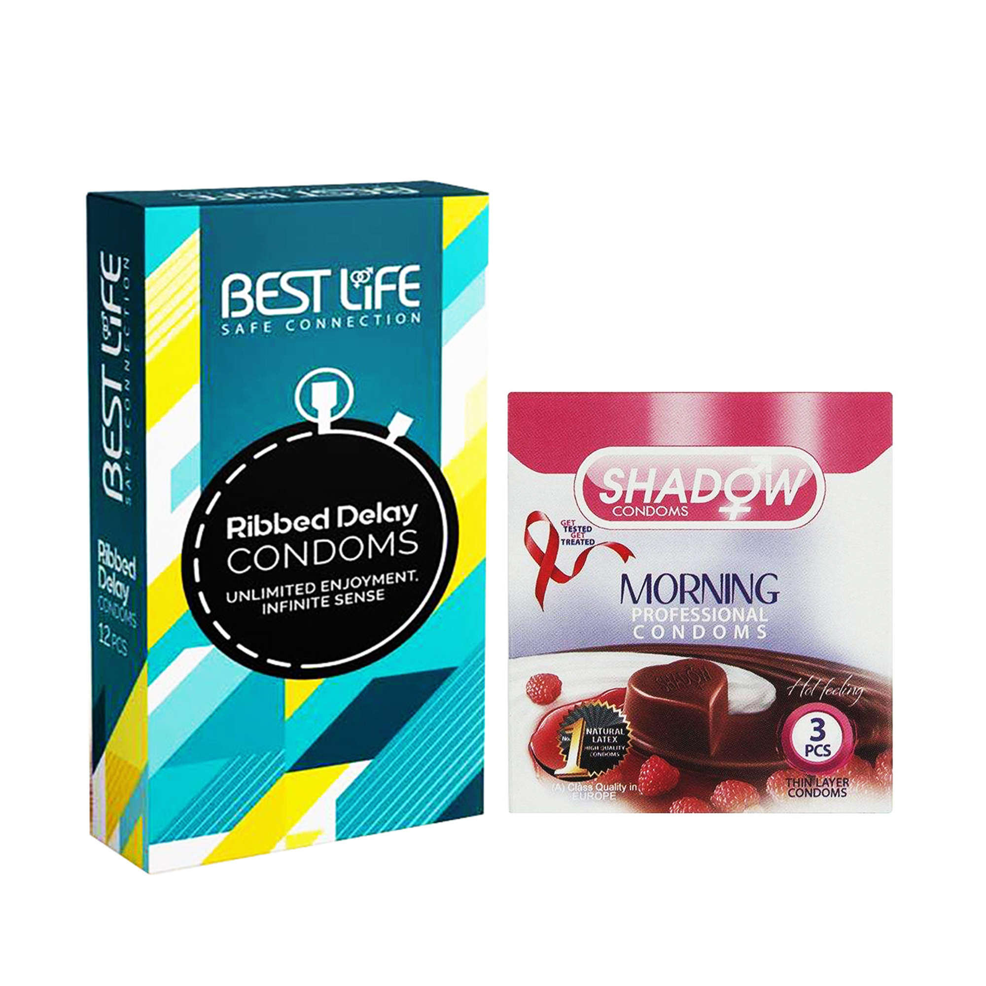 کاندوم بست لایف مدل Ribbed Delay بسته 12 عددی به همراه کاندوم شادو مدل Morning بسته 3 عددی 