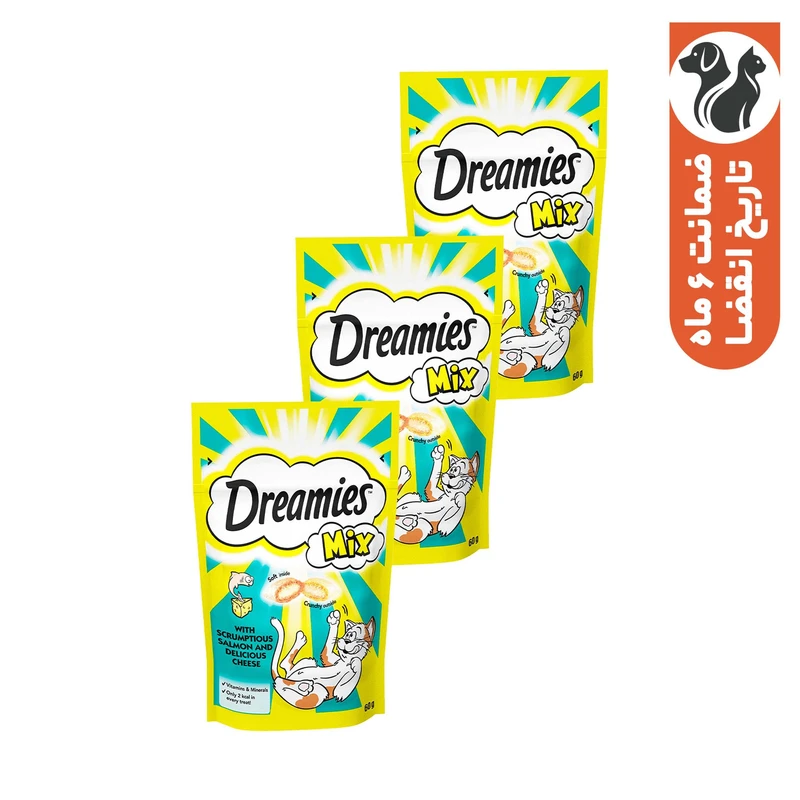 غذای تشویقی گربه دریمز مدل Salmon and Chese وزن 60 گرم بسته 3 عددی