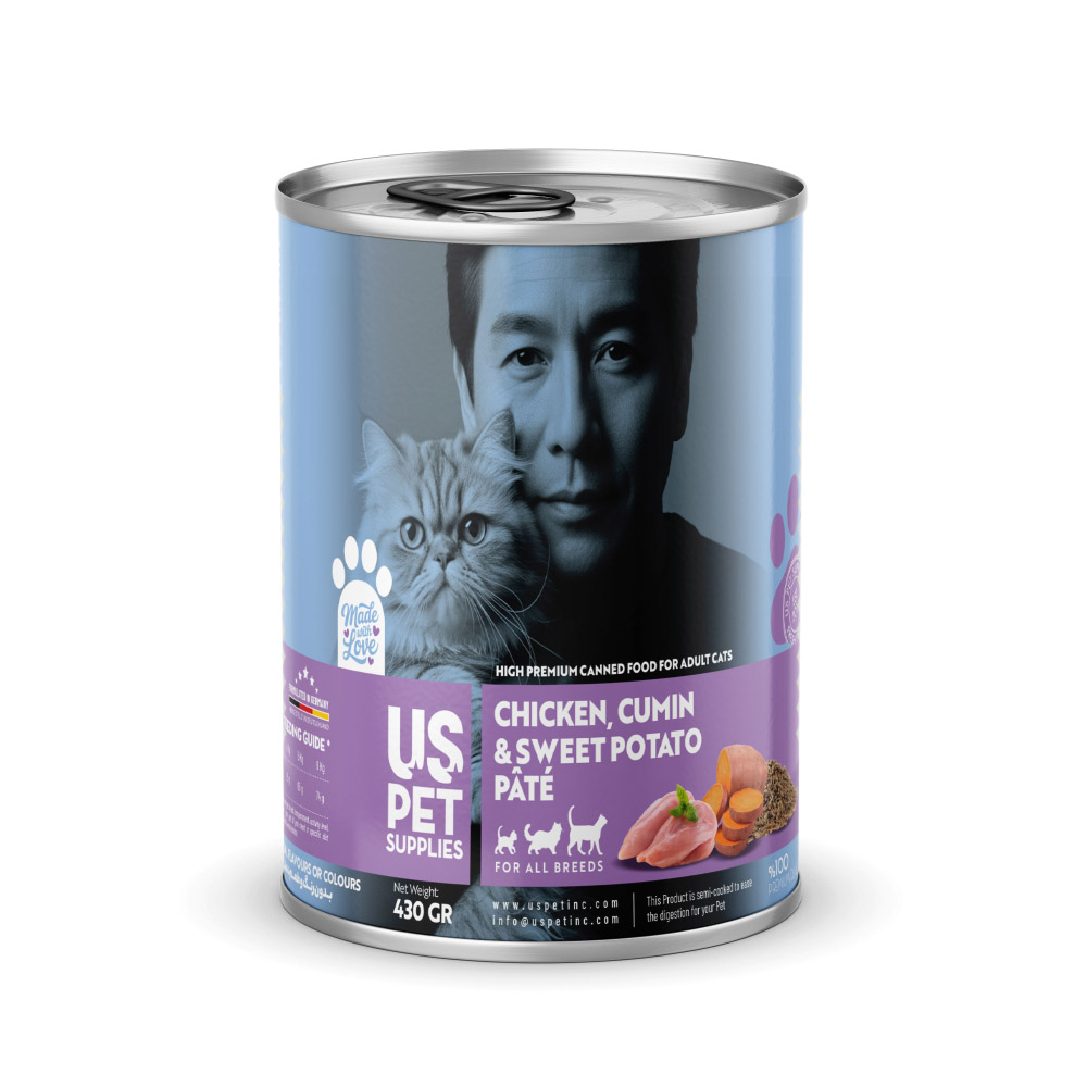 کنسرو غذای گربه بالغ یو اس پت مدل های پریمیوم طعم مرغ، سیبزمینی و زیره وزن 430 گرم