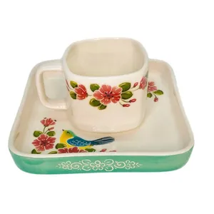 فنجان و نعلبکی سرامیکی مدل گل و مرغ مجموعه 2 عددی