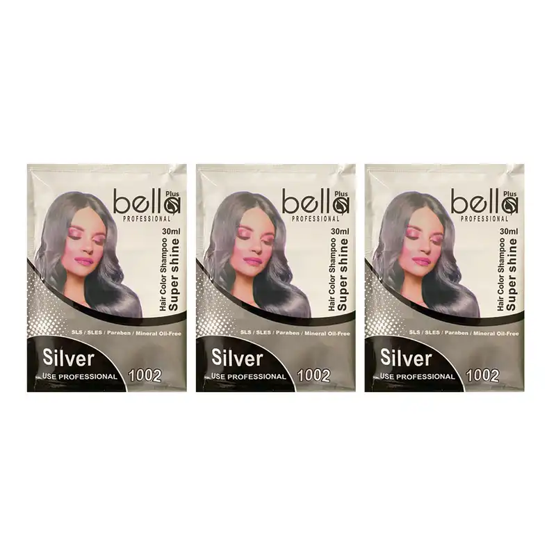 شامپو رنگ مو بلا پلاس مدل SUPERSHIN شماره 1002 حجم 30 میلی لیتر رنگ نقره ای بسته 3 عددی