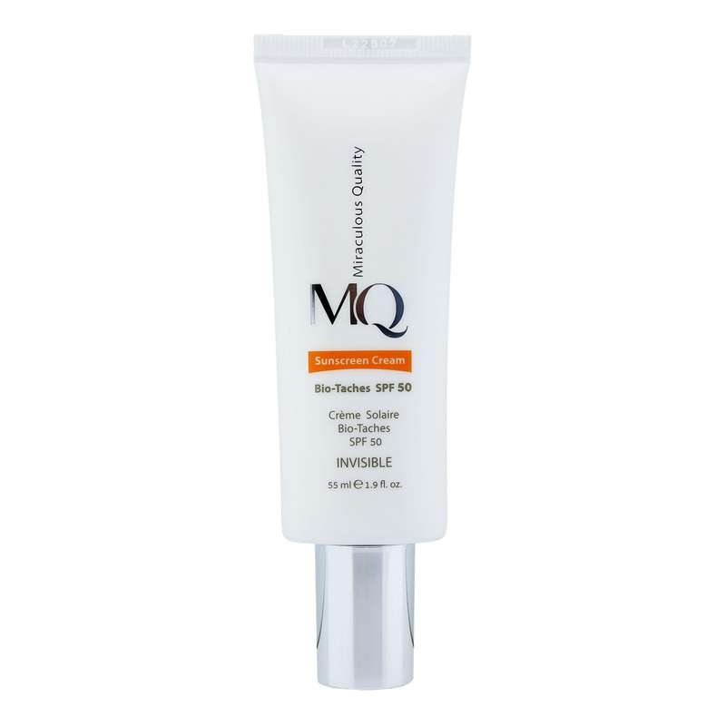 کرم ضدآفتاب بی‌رنگ ام کیو SPF50 مدل BIO TACHES مناسب انواع پوست، حجم 55 میلی‌لیتر