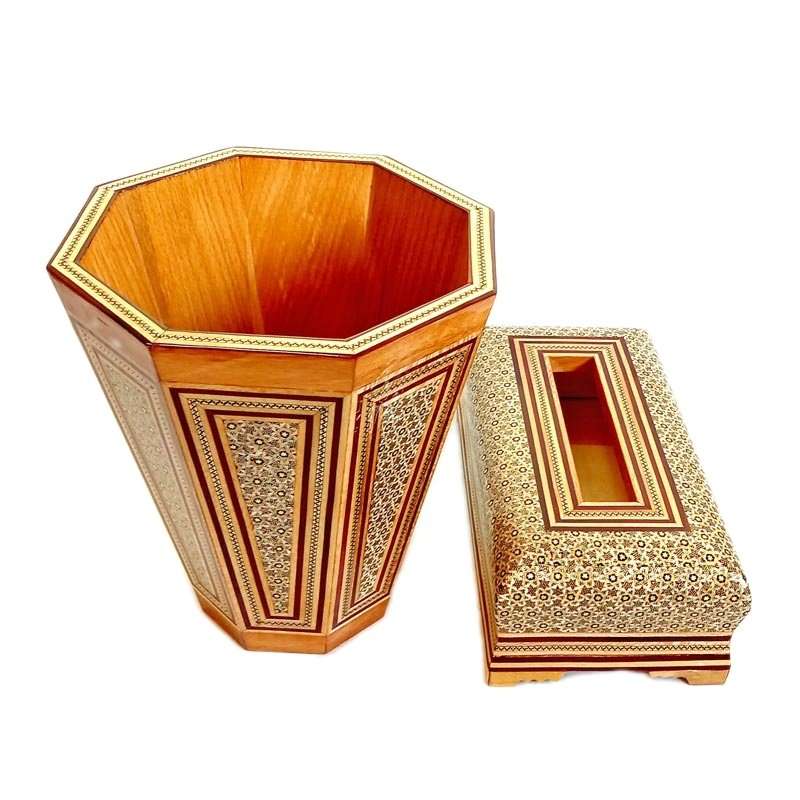 ست جعبه دستمال کاغذی و سطل خاتم کاری کد 002