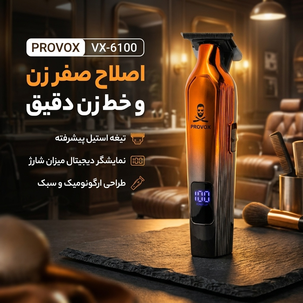 ماشین اصلاح موی صورت شارژی پرو وکس مدل VX-6100 با تیغه استیل ضد زنگ، قابلیت تنظیم سرعت، نمایشگر میزان شارژ، طراحی ارگونومیک، باتری قابل شارژ، پورت تایپ سی، همراه با سری یدک، روغن، برس تمیزکننده و شانه