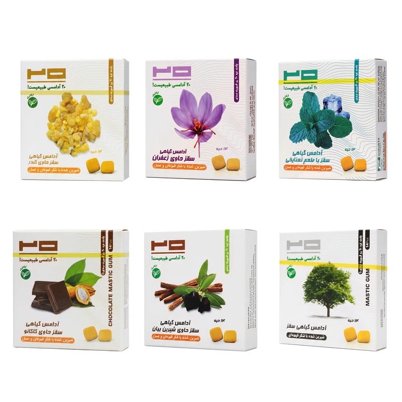 آدامس سقز بیست شش طعم شیرین شده با شکر قهوه ای - 50 گرم بسته 6 عددی