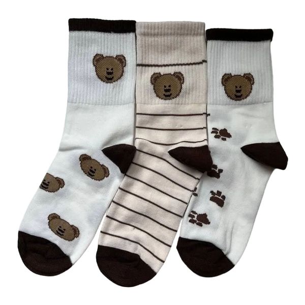 جوراب ساق بلند بچگانه مدل خرسی مجموعه 3 عددی