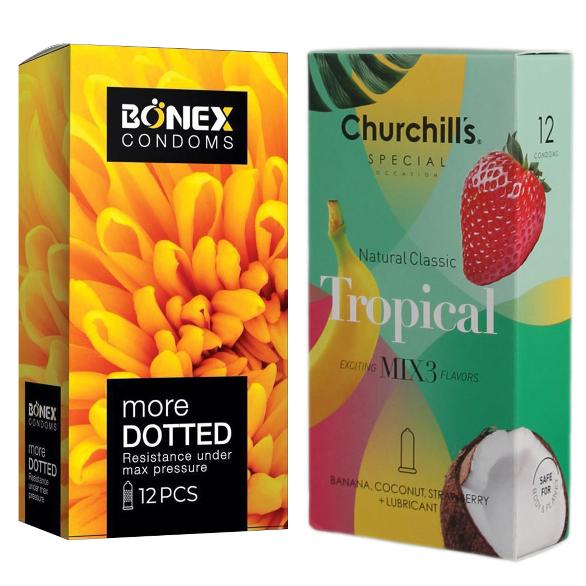 کاندوم چرچیلز مدل Tropical بسته 12 عددی به همراه کاندوم بونکس مدل More Dotted بسته 12 عددی 