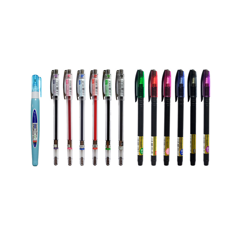 خودکار و روان نویس مدل ژل رنگی به همراه غلط گیر مجموعه 13 عددی