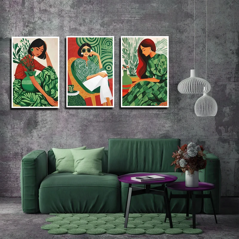 تابلو بکلیت طرح مد و استایل و چهره مدل W-3811 فریم سفید مجموعه 3 عددی