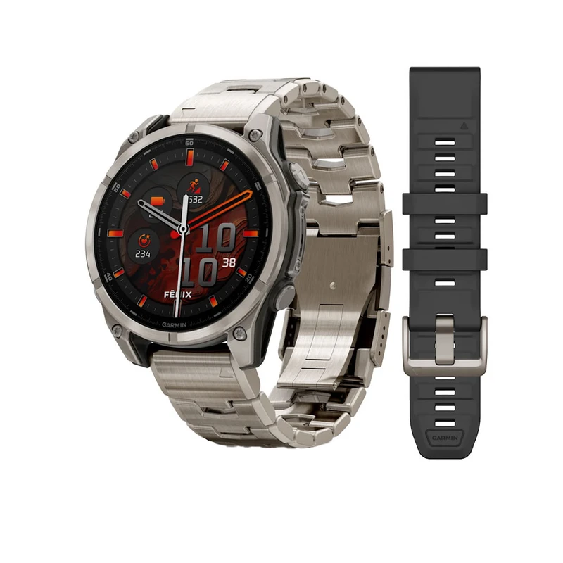 ساعت هوشمند گارمین مدل Fenix 8 - 47mm دارای قابلیت های صفحه نمایش لمسی، کنترل موسیقی، کنترل سطح اکسیژن خون، ضد آب، بند تیتانیوم