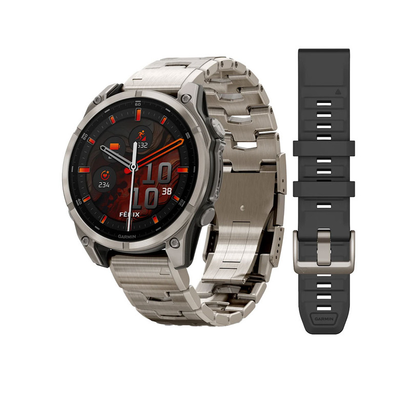 ساعت هوشمند گارمین مدل Fenix 8 - 47mm دارای قابلیت های صفحه نمایش لمسی، کنترل موسیقی، کنترل سطح اکسیژن خون، ضد آب، بند تیتانیوم