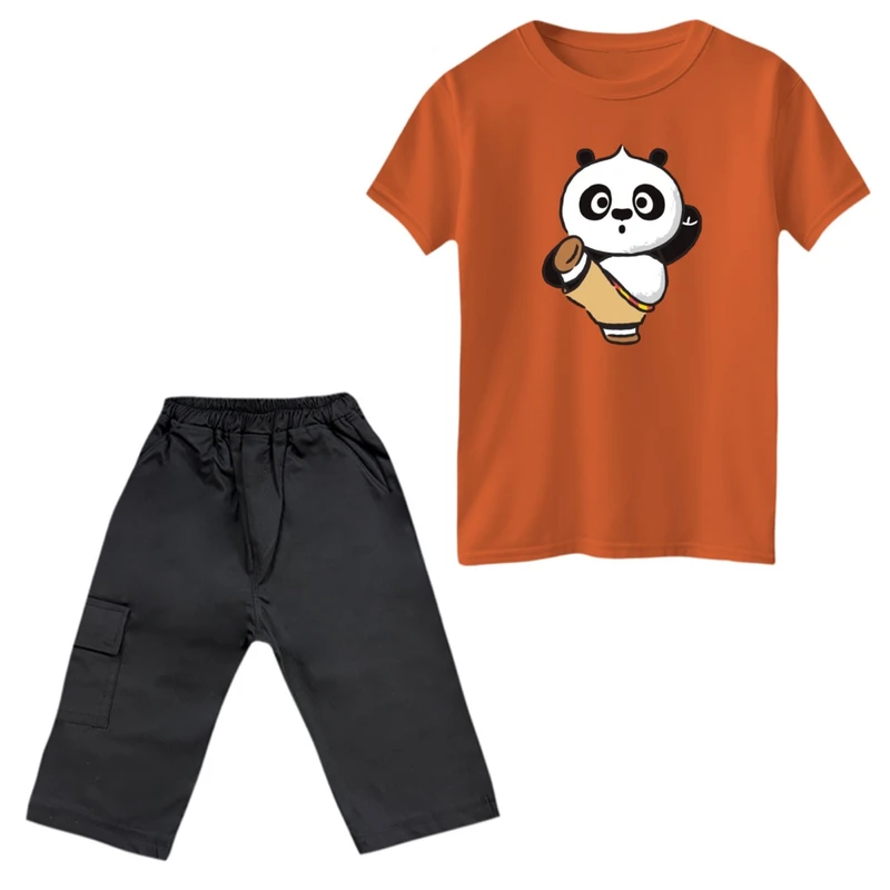 ست تی‌شرت و شلوارک پسرانه مدل پاندا کنگفوکار کد 2 رنگ نارنجی