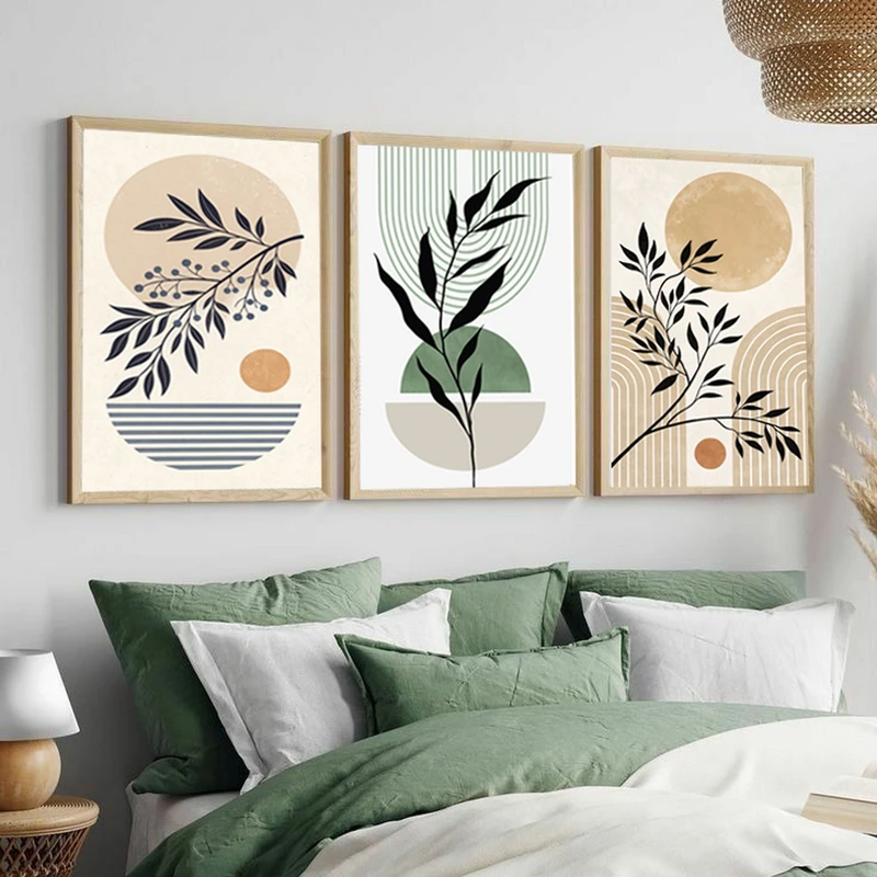 تابلو بکلیت طرح برگ و مینیمال مدل BE-MR-1017 فریم بژ مجموعه 3 عددی