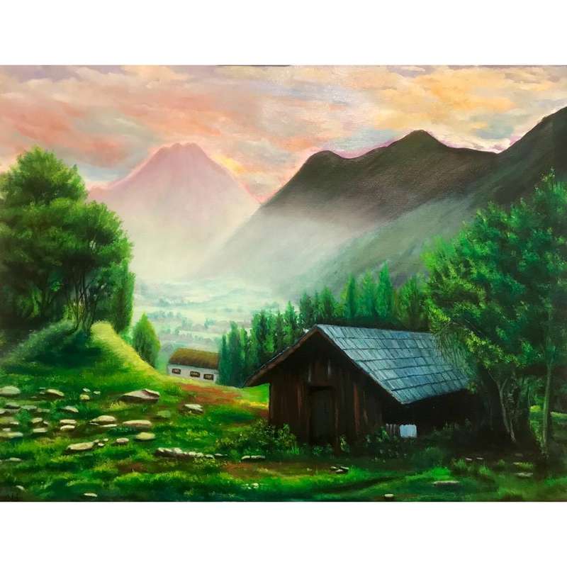 تابلو نقاشی رنگ روغن طرح کلبه کوهستانی