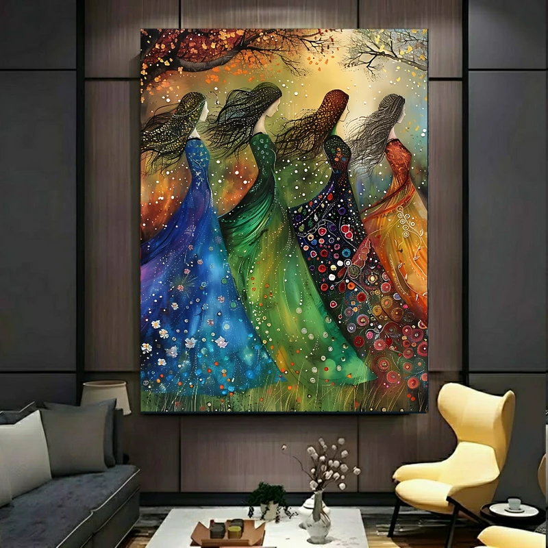 پوستر پارچه ای طرح مخمل  پرتره گروهی مدل زنان با لباس‌های تزئینی کد PY921