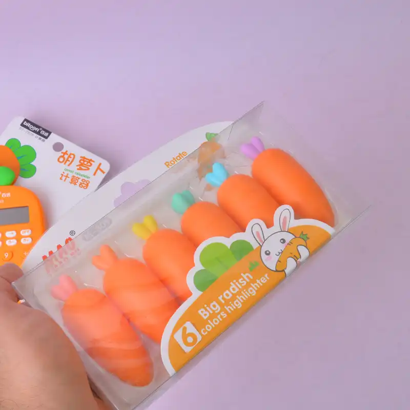 ست لوازم تحریر مدل هایلایتر و ماشین حساب طرح هویج مجموعه 7 عددی