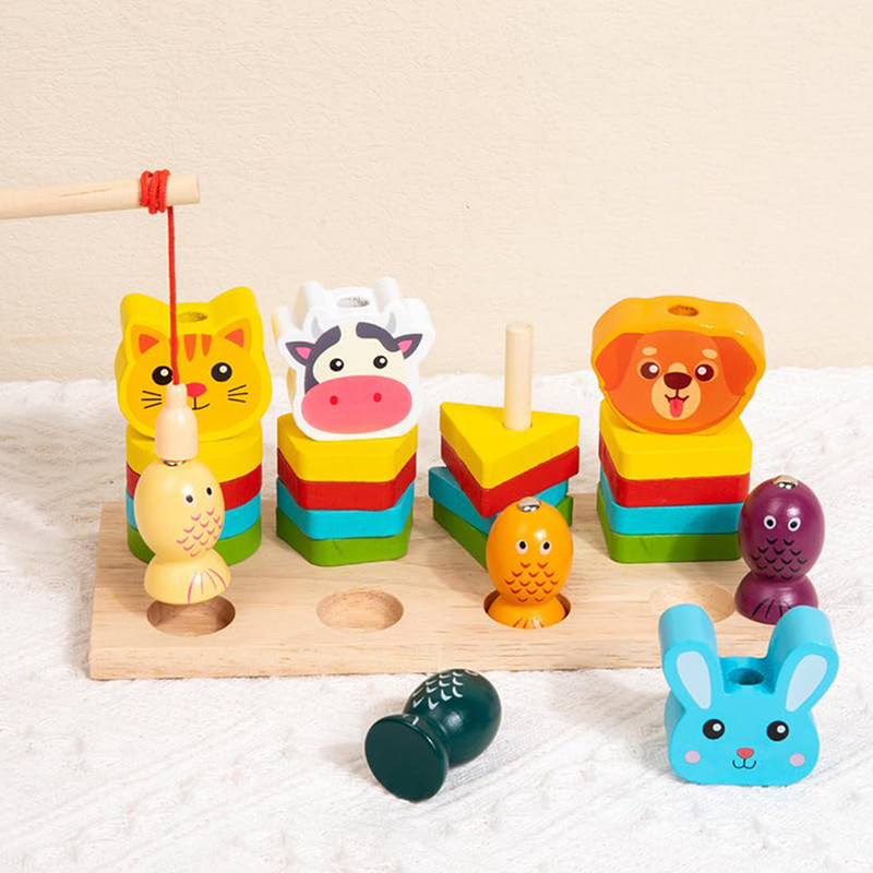 بازی آموزشی سمید مدل مونته سوری چوبی طرح پایه اشکال 4 ستون ماهیگیری و حیوانات