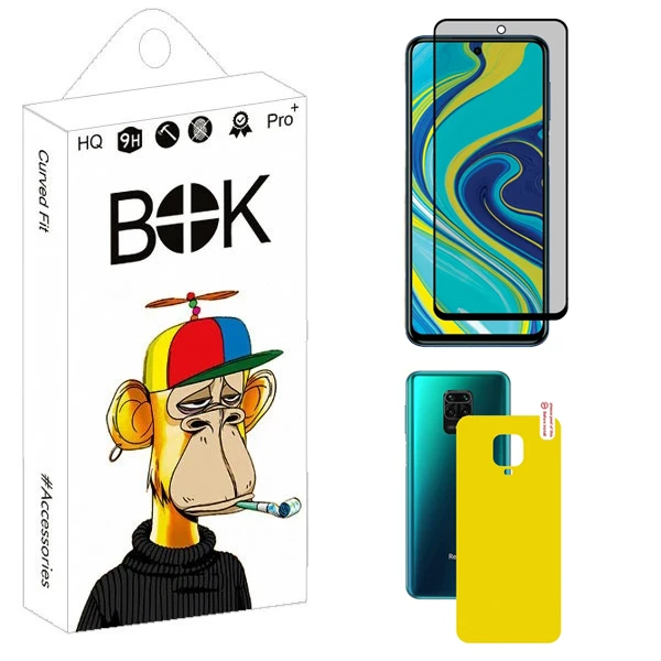 محافظ صفحه نمایش حریم شخصی بوک مدل Carbon Plus مناسب برای گوشی موبایل شیائومی Redmi Note 9S / Note 9 Pro Max به همراه محافظ پشت گوشی